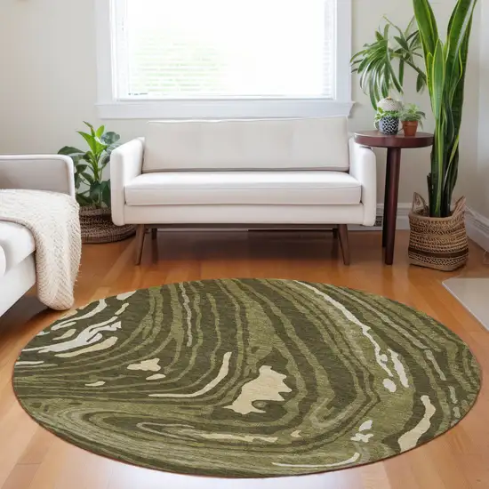 8' Olive Green And Beige Round Abstract Washable Indoor Outdoor Area Rug Photo 9