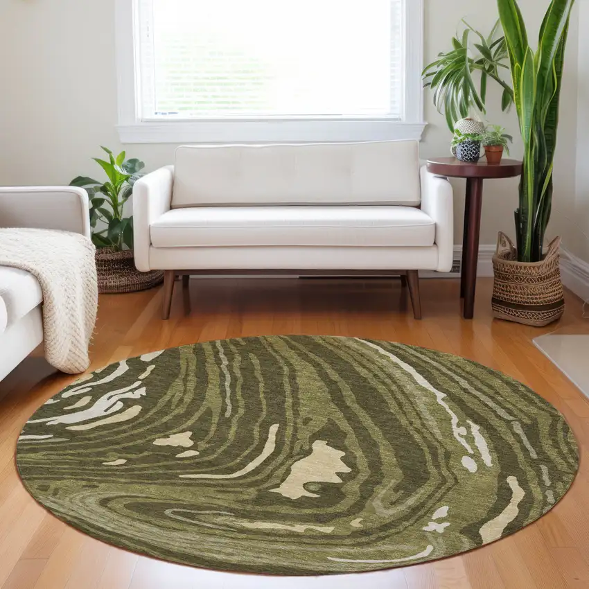 8' Olive Green And Beige Round Abstract Washable Indoor Outdoor Area Rug Photo 9