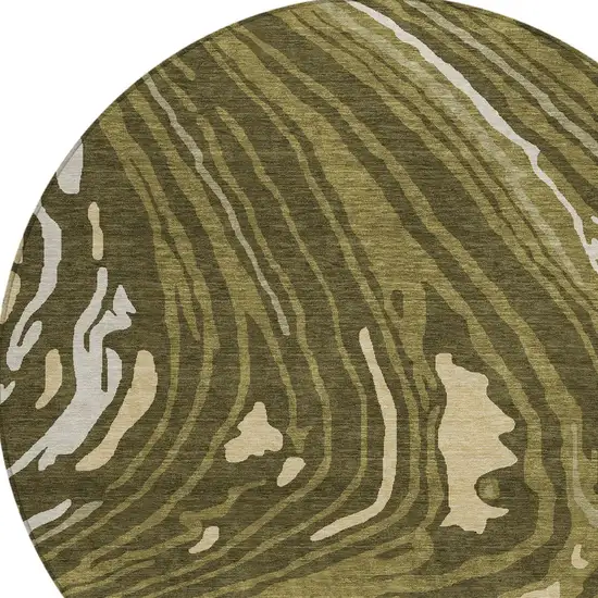 8' Olive Green And Beige Round Abstract Washable Indoor Outdoor Area Rug Photo 6