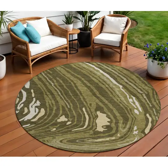 8' Olive Green And Beige Round Abstract Washable Indoor Outdoor Area Rug Photo 1