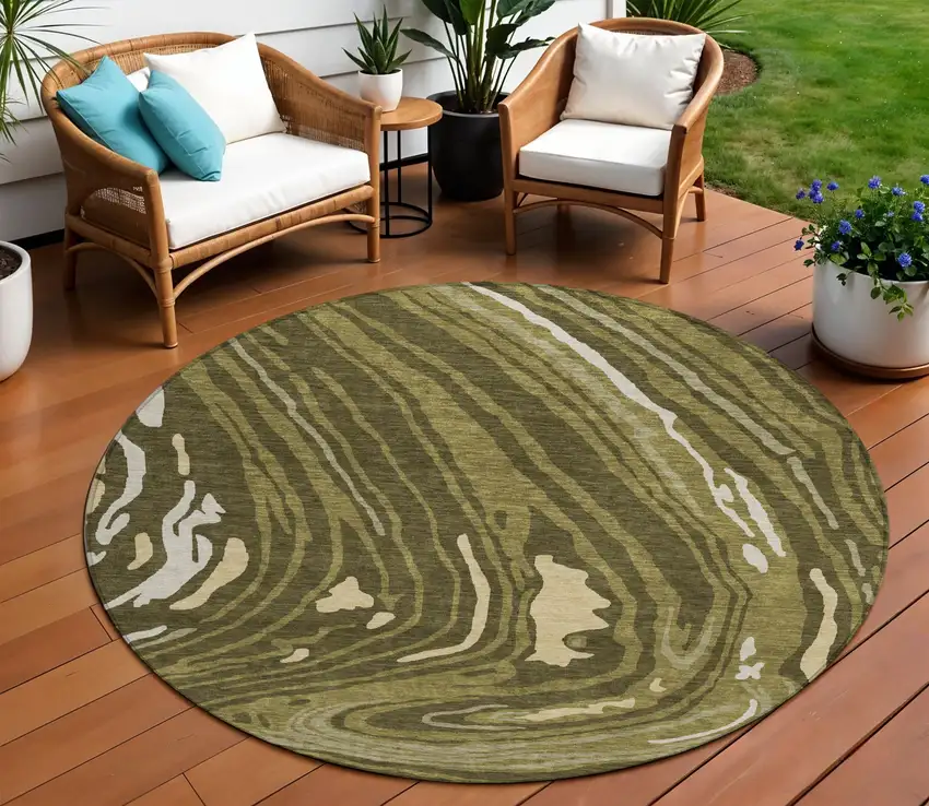 8' Olive Green And Beige Round Abstract Washable Indoor Outdoor Area Rug Photo 1