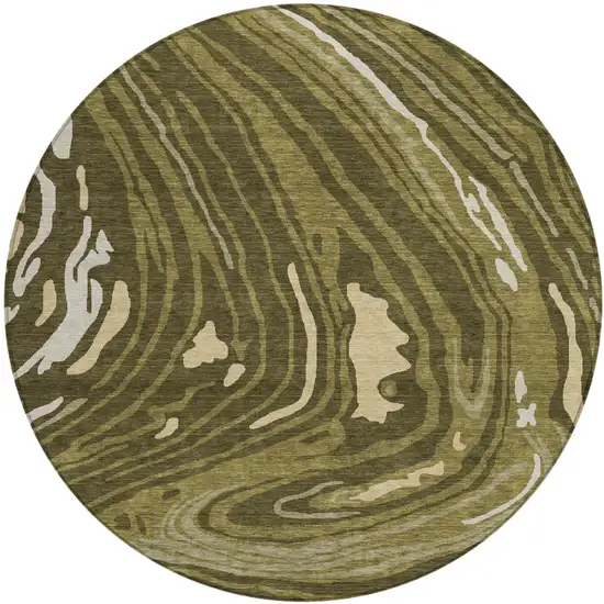 8' Olive Green And Beige Round Abstract Washable Indoor Outdoor Area Rug Photo 2