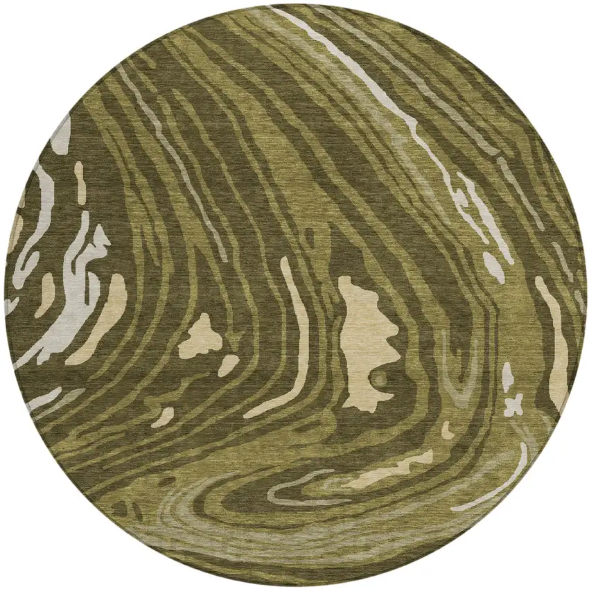 8' Olive Green And Beige Round Abstract Washable Indoor Outdoor Area Rug Photo 2