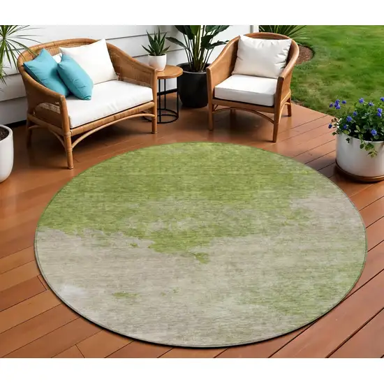 8' Olive Green And Beige Round Abstract Washable Indoor Outdoor Area Rug Photo 1