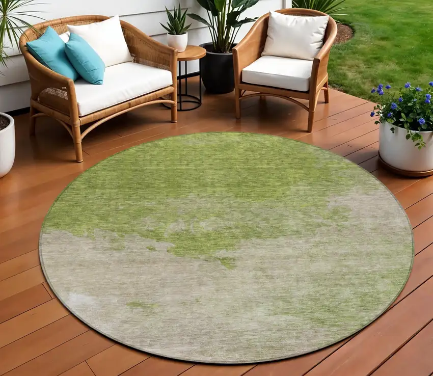 8' Olive Green And Beige Round Abstract Washable Indoor Outdoor Area Rug Photo 1