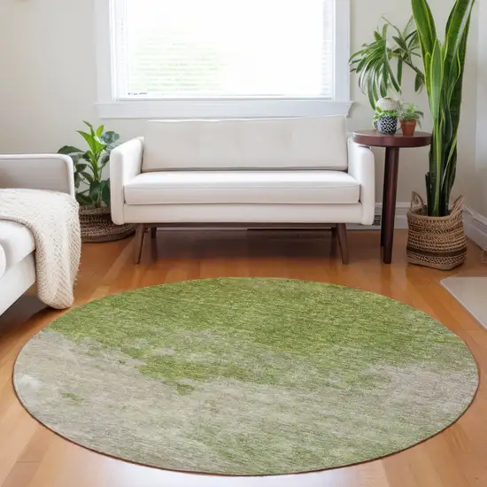 8' Olive Green And Beige Round Abstract Washable Indoor Outdoor Area Rug Photo 8