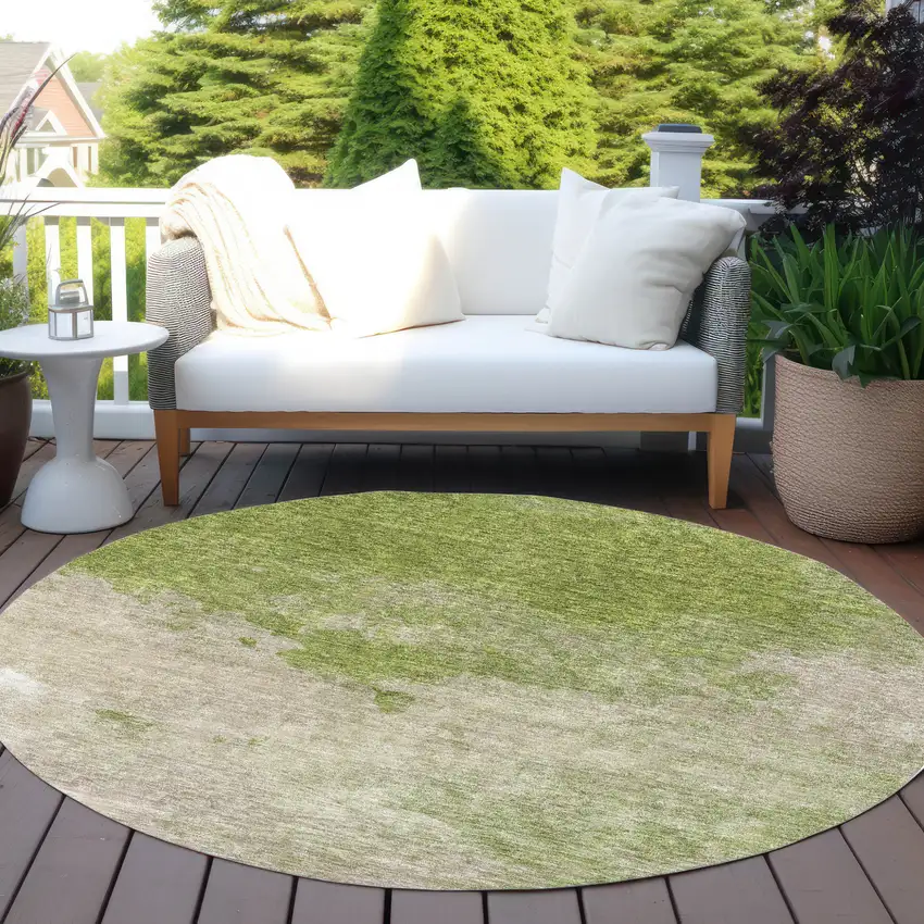 8' Olive Green And Beige Round Abstract Washable Indoor Outdoor Area Rug Photo 7