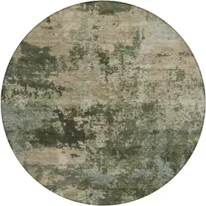 Photo of 8' Olive Green And Beige Round Abstract Washable Indoor Outdoor Area Rug