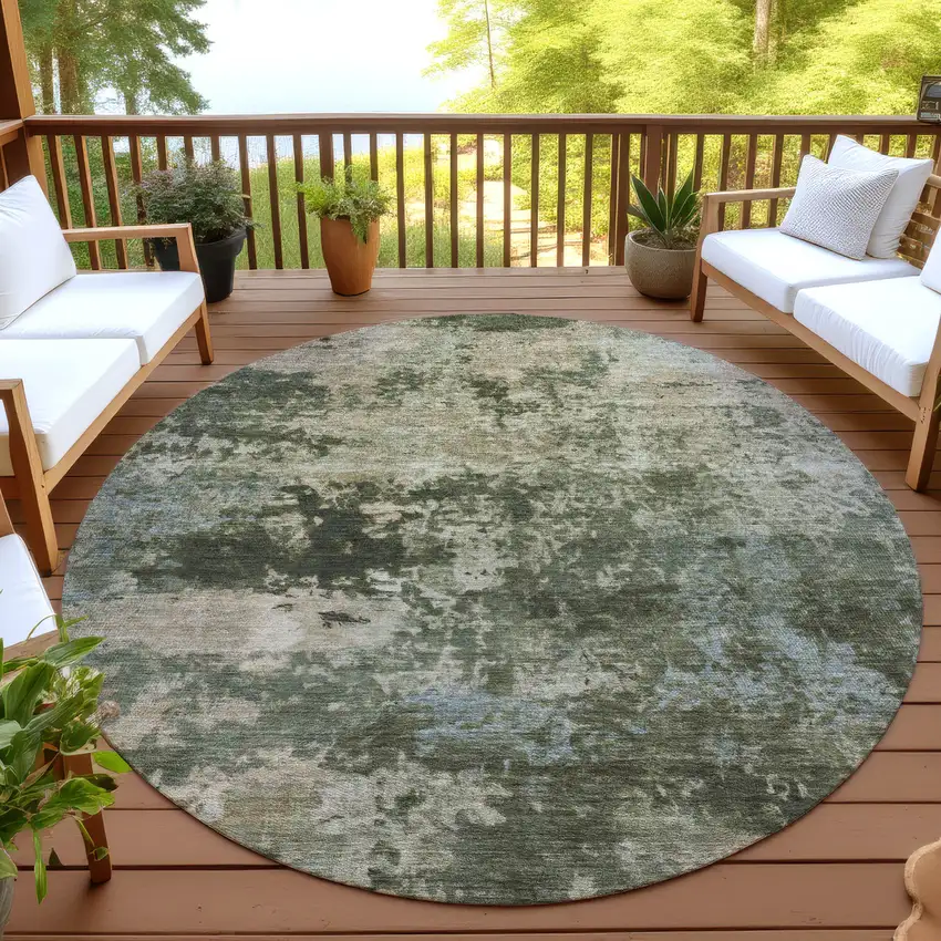 8' Olive Green And Beige Round Abstract Washable Indoor Outdoor Area Rug Photo 4