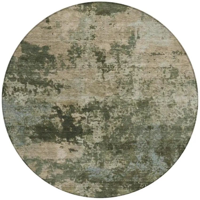 8' Olive Green And Beige Round Abstract Washable Indoor Outdoor Area Rug Photo 3