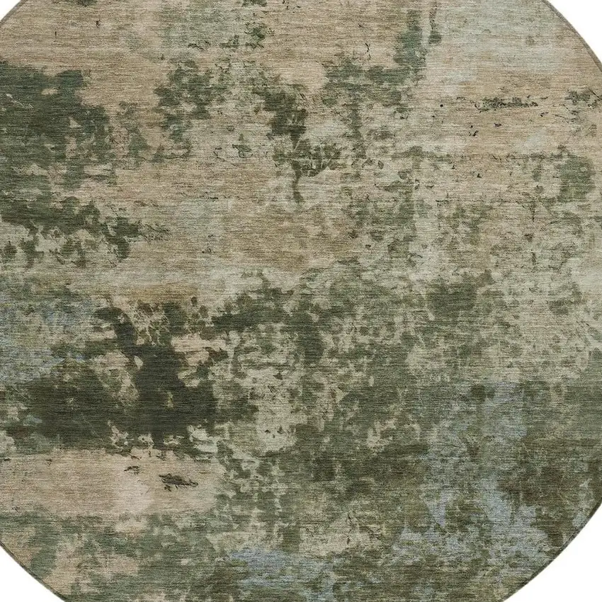 8' Olive Green And Beige Round Abstract Washable Indoor Outdoor Area Rug Photo 2