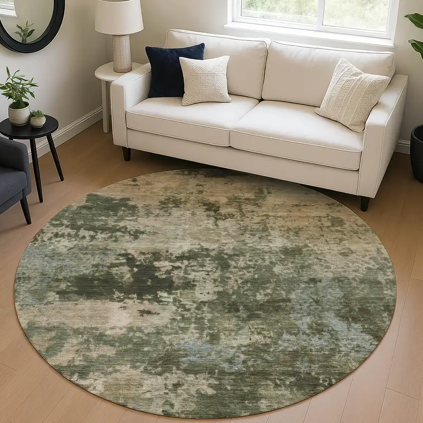8' Olive Green And Beige Round Abstract Washable Indoor Outdoor Area Rug Photo 5