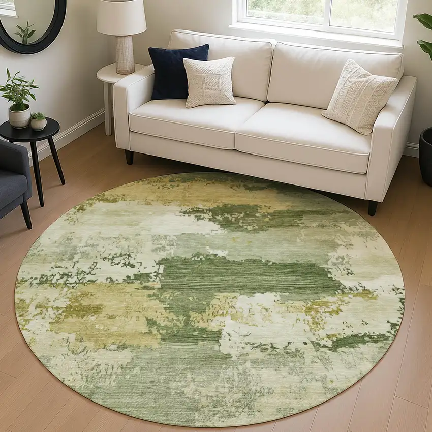 8' Olive Green And Beige Round Abstract Washable Indoor Outdoor Area Rug Photo 5
