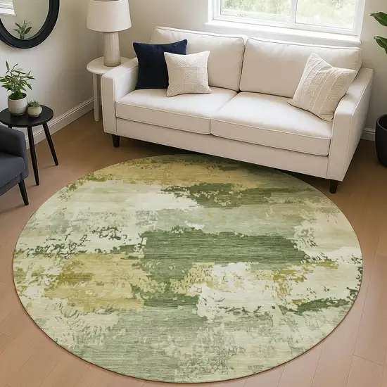 8' Olive Green And Beige Round Abstract Washable Indoor Outdoor Area Rug Photo 5