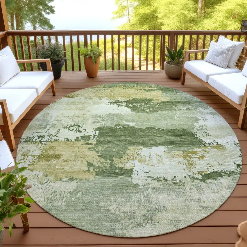 8' Olive Green And Beige Round Abstract Washable Indoor Outdoor Area Rug Photo 4