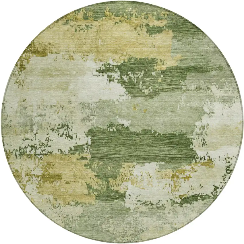 8' Olive Green And Beige Round Abstract Washable Indoor Outdoor Area Rug Photo 1