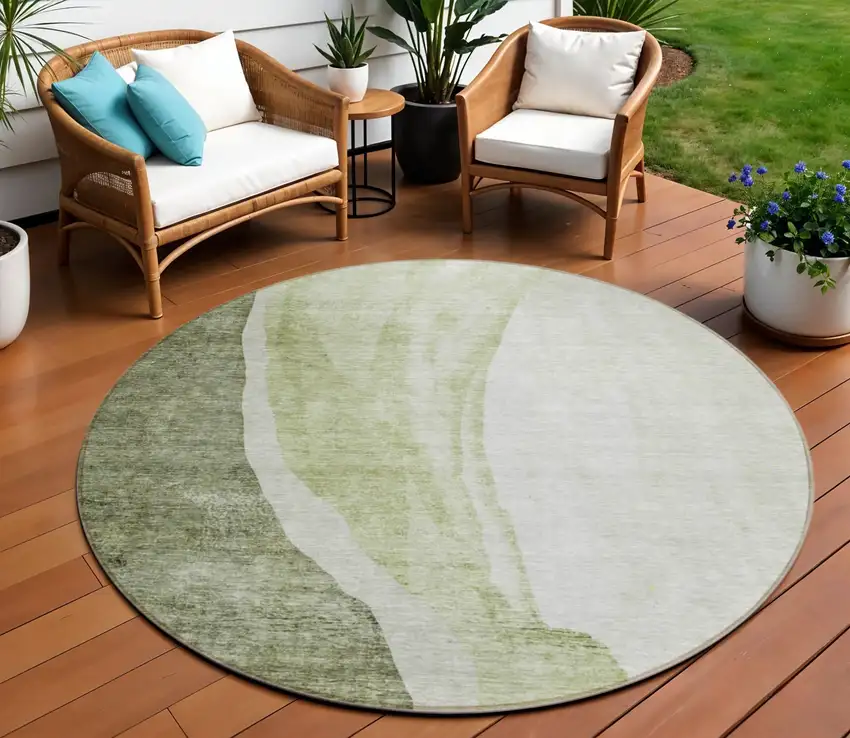 8' Olive Green And Beige Round Abstract Washable Indoor Outdoor Area Rug Photo 1