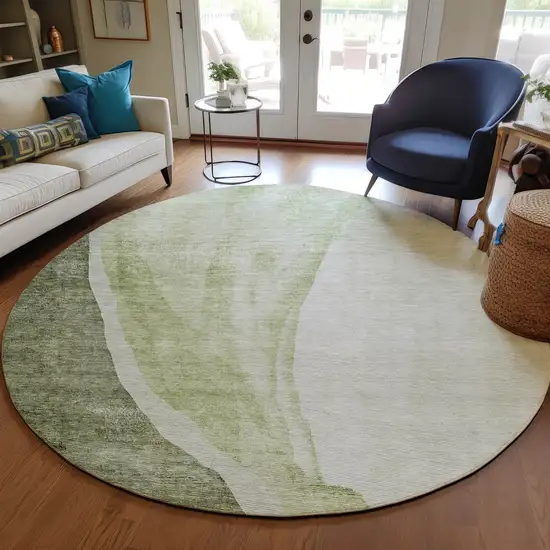 8' Olive Green And Beige Round Abstract Washable Indoor Outdoor Area Rug Photo 7