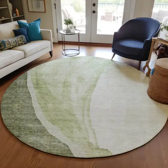 8' Olive Green And Beige Round Abstract Washable Indoor Outdoor Area Rug Photo 7