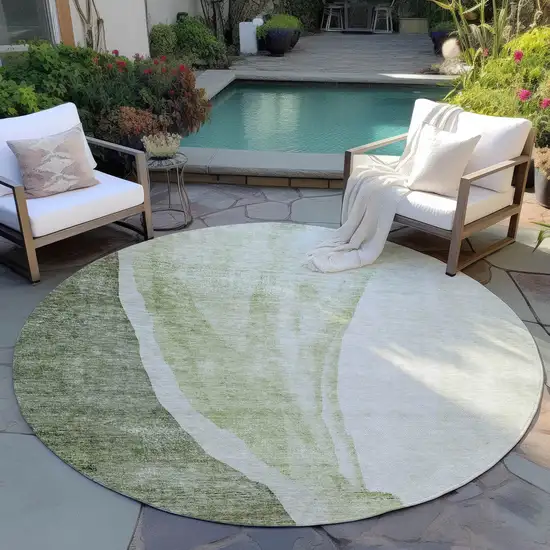 8' Olive Green And Beige Round Abstract Washable Indoor Outdoor Area Rug Photo 6