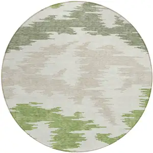 Photo of 8' Olive Green And Beige Round Abstract Washable Indoor Outdoor Area Rug