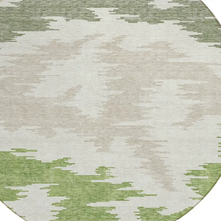 8' Olive Green And Beige Round Abstract Washable Indoor Outdoor Area Rug Photo 4