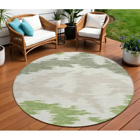 8' Olive Green And Beige Round Abstract Washable Indoor Outdoor Area Rug Photo 1