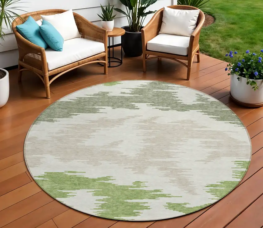 8' Olive Green And Beige Round Abstract Washable Indoor Outdoor Area Rug Photo 1