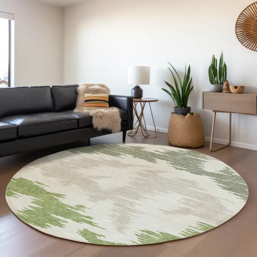 8' Olive Green And Beige Round Abstract Washable Indoor Outdoor Area Rug Photo 8