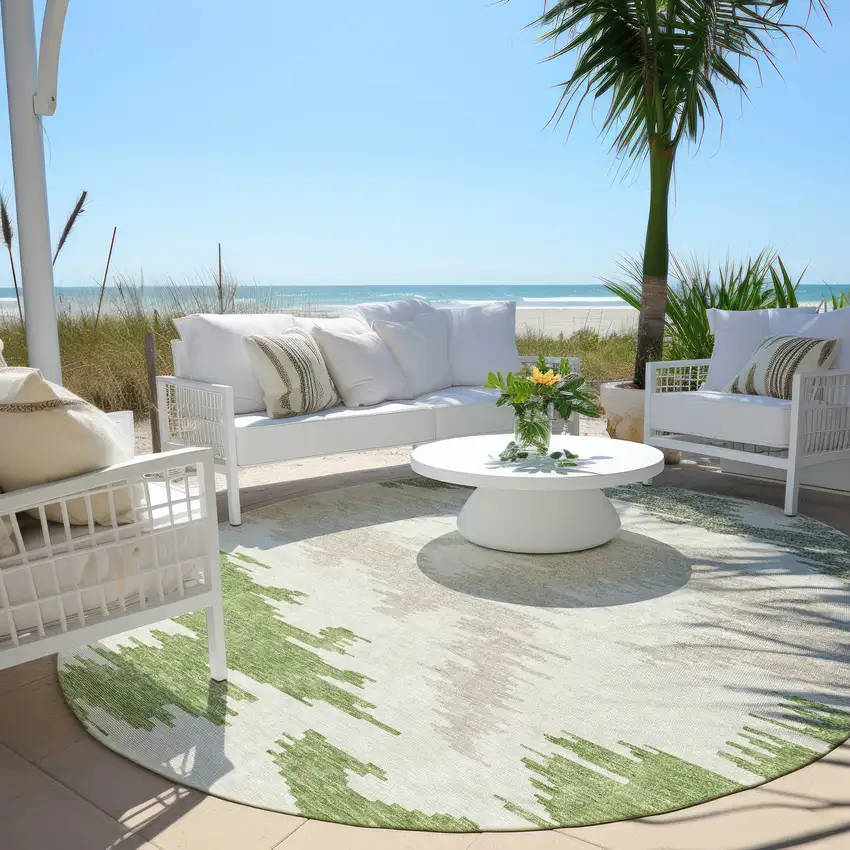 8' Olive Green And Beige Round Abstract Washable Indoor Outdoor Area Rug Photo 7
