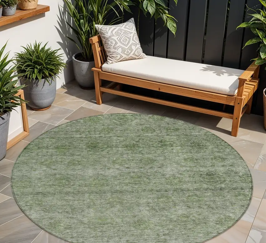 8' Olive Green And Beige Round Floral Washable Indoor Outdoor Area Rug Photo 1