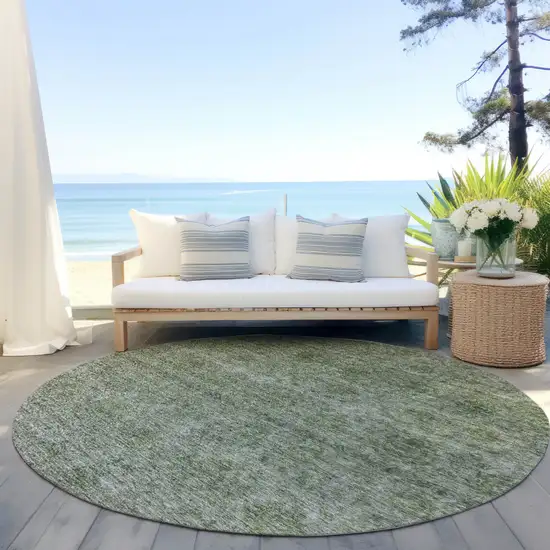 8' Olive Green And Beige Round Floral Washable Indoor Outdoor Area Rug Photo 5