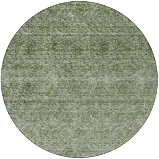 8' Olive Green And Beige Round Floral Washable Indoor Outdoor Area Rug Photo 4