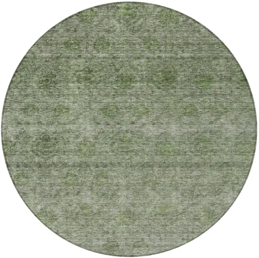 8' Olive Green And Beige Round Floral Washable Indoor Outdoor Area Rug Photo 4