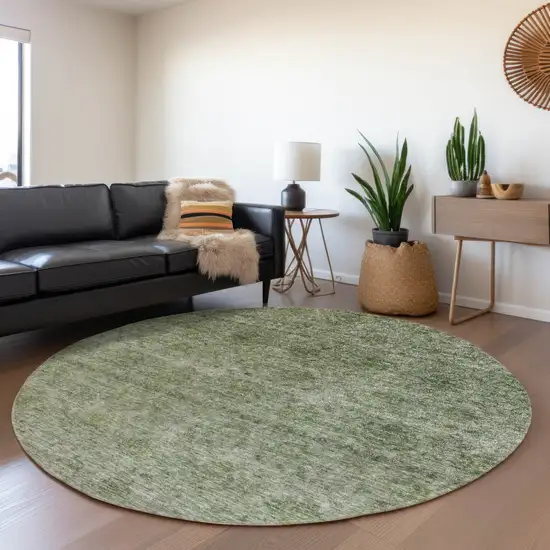 8' Olive Green And Beige Round Floral Washable Indoor Outdoor Area Rug Photo 6