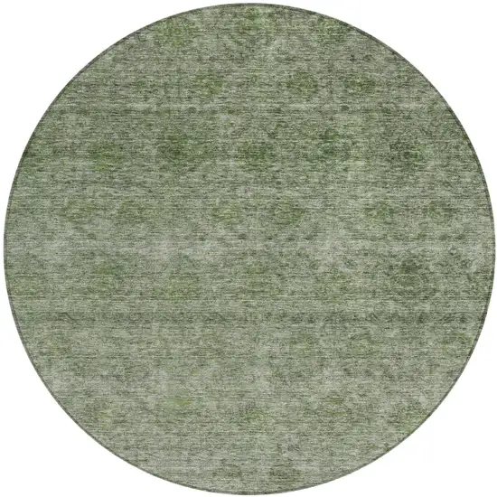8' Olive Green And Beige Round Floral Washable Indoor Outdoor Area Rug Photo 2