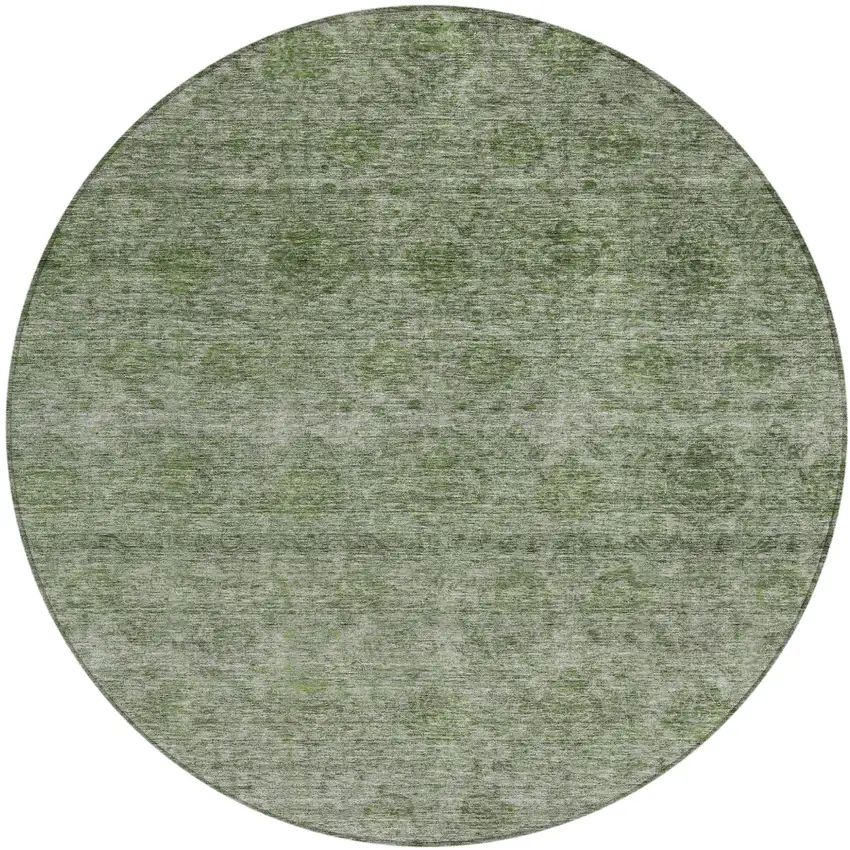 8' Olive Green And Beige Round Floral Washable Indoor Outdoor Area Rug Photo 2