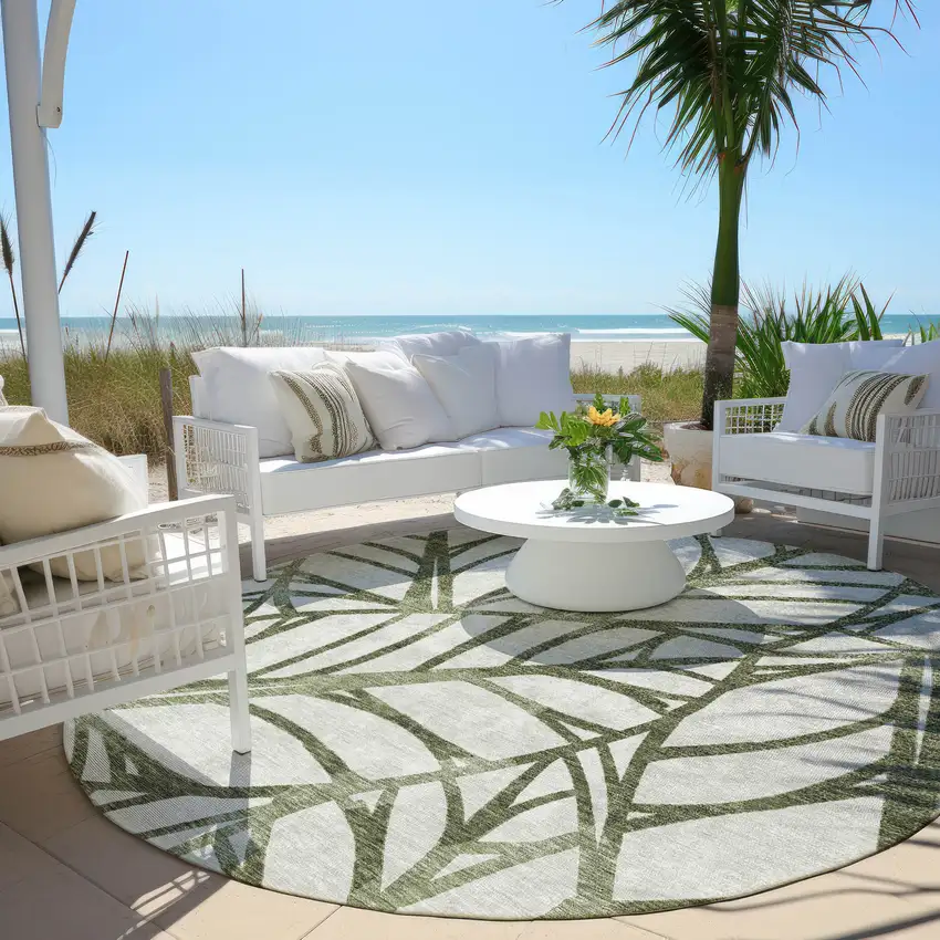 8' Olive Green And Beige Round Floral Washable Indoor Outdoor Area Rug Photo 6