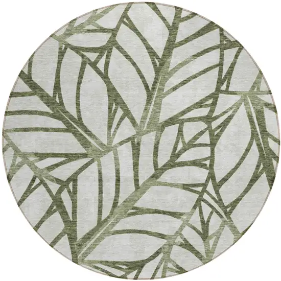 8' Olive Green And Beige Round Floral Washable Indoor Outdoor Area Rug Photo 2