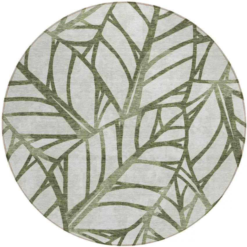 8' Olive Green And Beige Round Floral Washable Indoor Outdoor Area Rug Photo 2