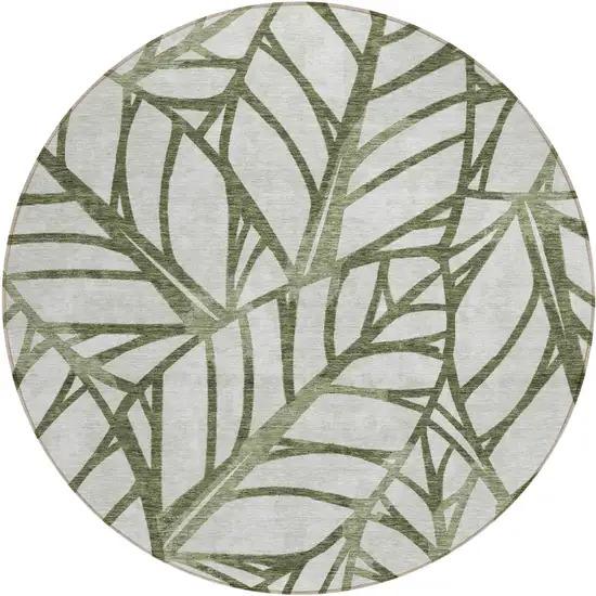 8' Olive Green And Beige Round Floral Washable Indoor Outdoor Area Rug Photo 2