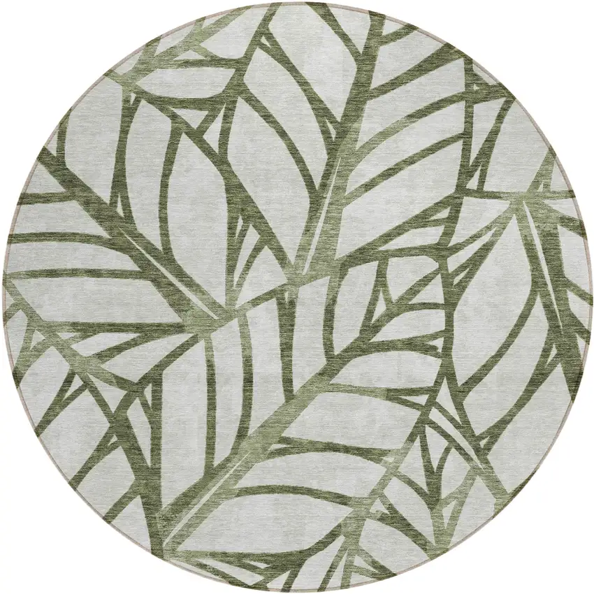 8' Olive Green And Beige Round Floral Washable Indoor Outdoor Area Rug Photo 2