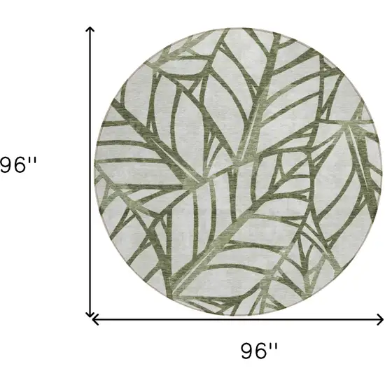 8' Olive Green And Beige Round Floral Washable Indoor Outdoor Area Rug Photo 3