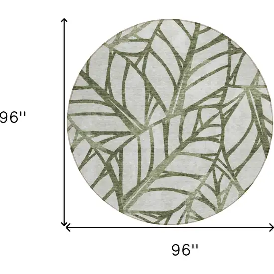 8' Olive Green And Beige Round Floral Washable Indoor Outdoor Area Rug Photo 3