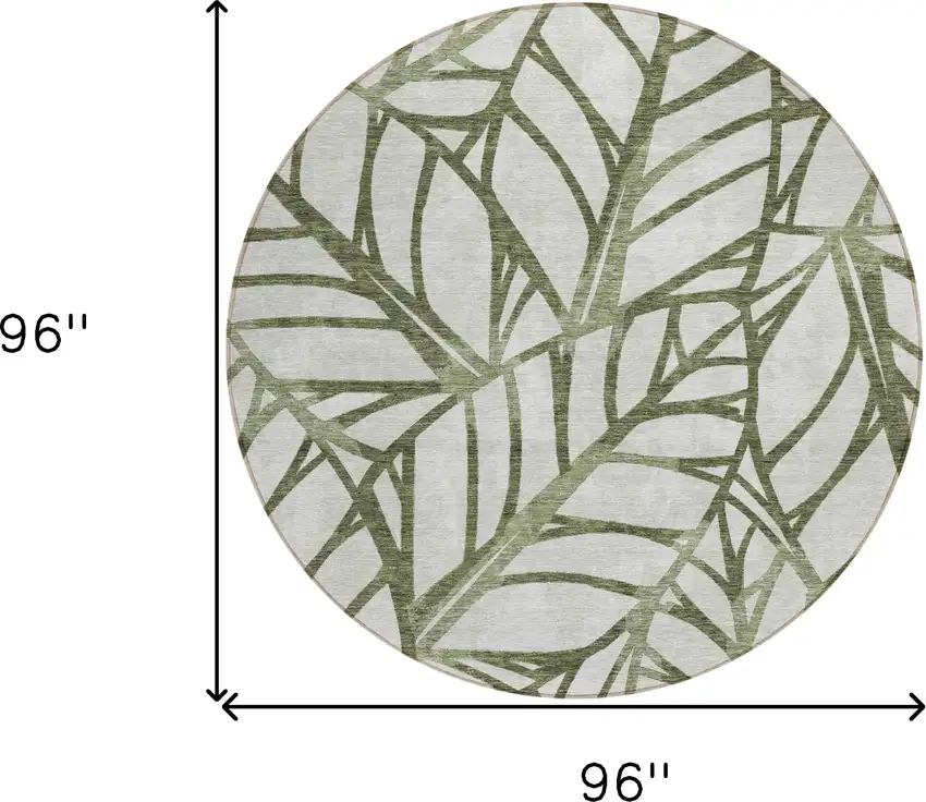 8' Olive Green And Beige Round Floral Washable Indoor Outdoor Area Rug Photo 3