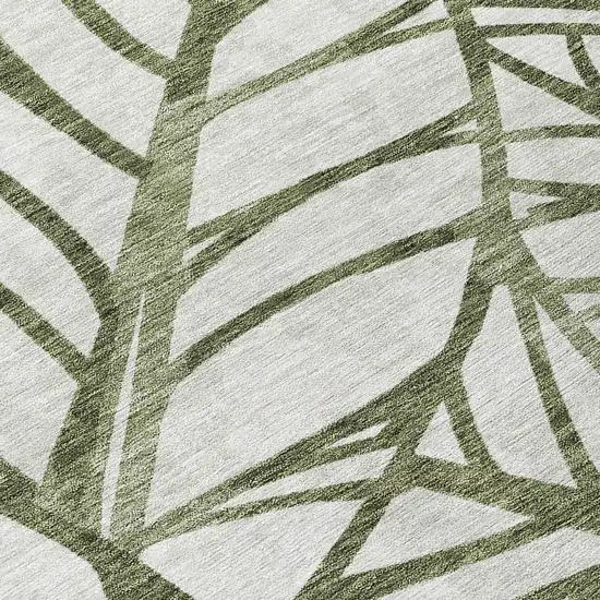 8' Olive Green And Beige Round Floral Washable Indoor Outdoor Area Rug Photo 9