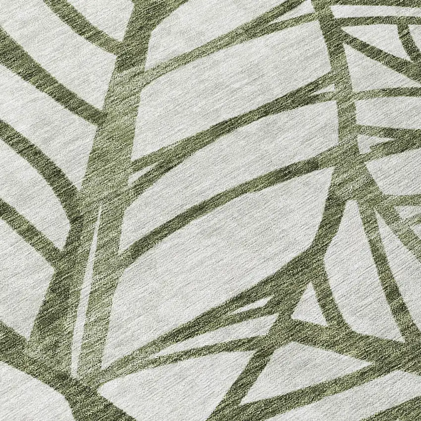8' Olive Green And Beige Round Floral Washable Indoor Outdoor Area Rug Photo 9