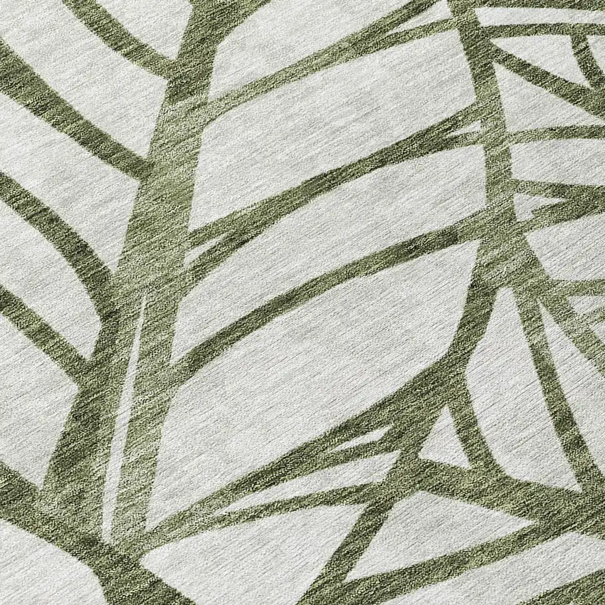 8' Olive Green And Beige Round Floral Washable Indoor Outdoor Area Rug Photo 9