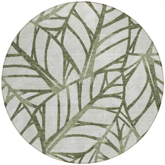 8' Olive Green And Beige Round Floral Washable Indoor Outdoor Area Rug Photo 5