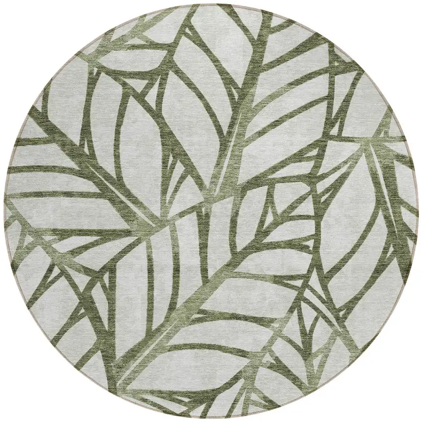 8' Olive Green And Beige Round Floral Washable Indoor Outdoor Area Rug Photo 5